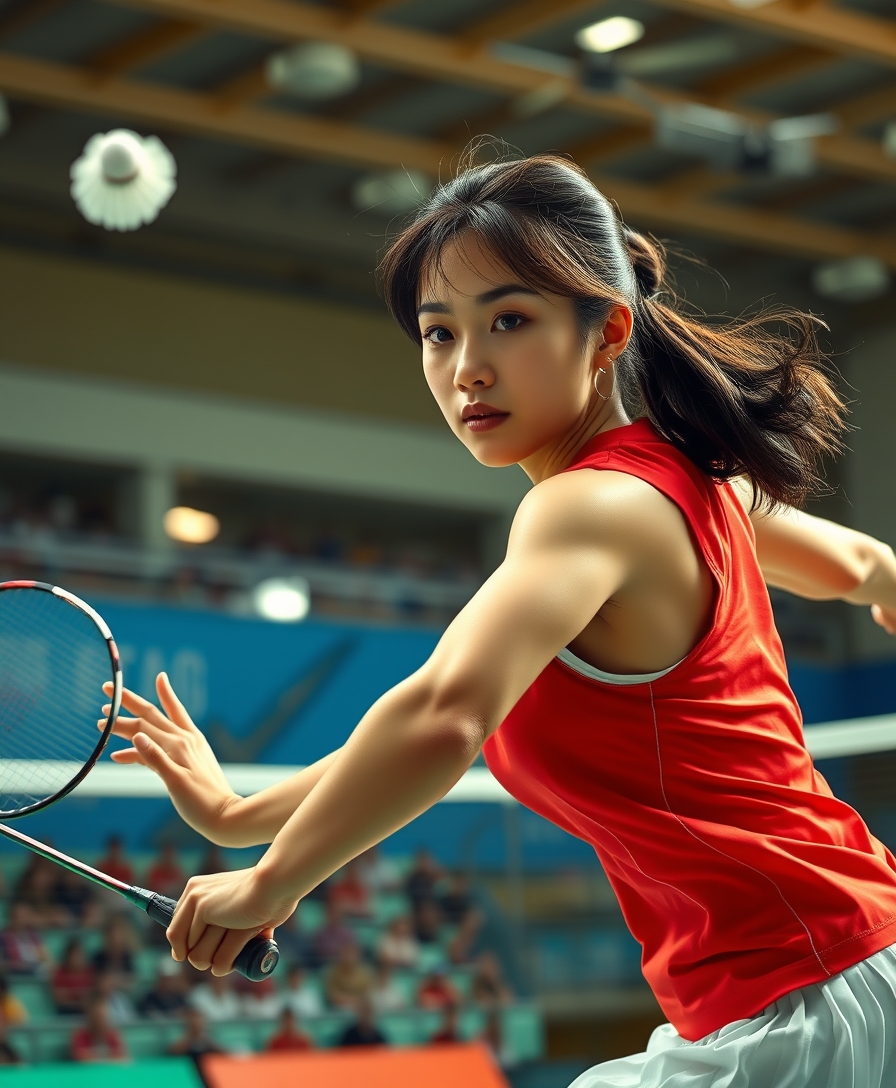 A detailed, realistic portrait of a young woman playing badminton in an indoor sports arena. The woman is wearing a bright red jersey and is mid-swing, her body in a dynamic, athletic pose as she focuses intently on the shuttlecock. The background is blurred, with glimpses of the court, net, and spectator stands visible. The lighting is natural and directional, creating shadows and highlights that accentuate the woman's features and muscular definition. The overall composition conveys a sense of energy, movement, and the intensity of the game. The image is highly detailed, with a photorealistic quality that captures the textures of the woman's clothing, skin, and the badminton equipment. A woman with a beautiful face like a Japanese idol, she is wearing a white pleated skirt.

Badminton rackets and shuttlecocks with dynamic swings and motion blur. Depiction of the human body with a flawless personality.