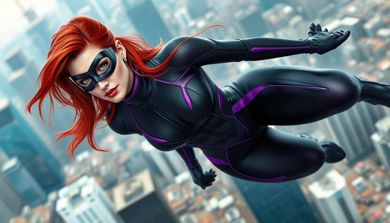 I used Flux AI Image Generator to create this image of a woman with red hair and green eyes. She's wearing a skintight black and purple spandex suit. The suit has a high collar and long sleeves. She's wearing a black metallic mask and gliding through the air. We can see every detail of her outfit from head to toe, including her boots. The background is a futuristic city. I love this image; it's like something out of a fantasy movie.