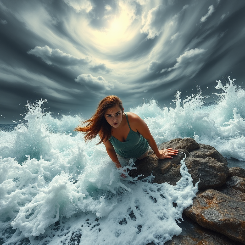 A troubled woman stands on a rocky shore as the relentless ocean waves crash around her, their frothy white crests reaching out like desperate hands. The sky above is a swirl of stormy grays, with the sun struggling to break through the clouds. The woman's hair whips around her face as she clings to the rock, her eyes filled with a mixture of fear and determination. The waves, powerful and unyielding, seem to mirror her inner turmoil, yet there is a sense of hope in the air, as if the sun's rays are trying to pierce through the darkness and bring her peace.