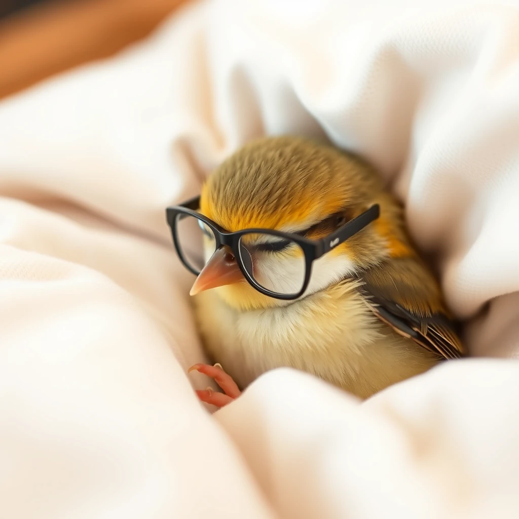 Sweet little bird with glasses sleeping in its bed. - Image