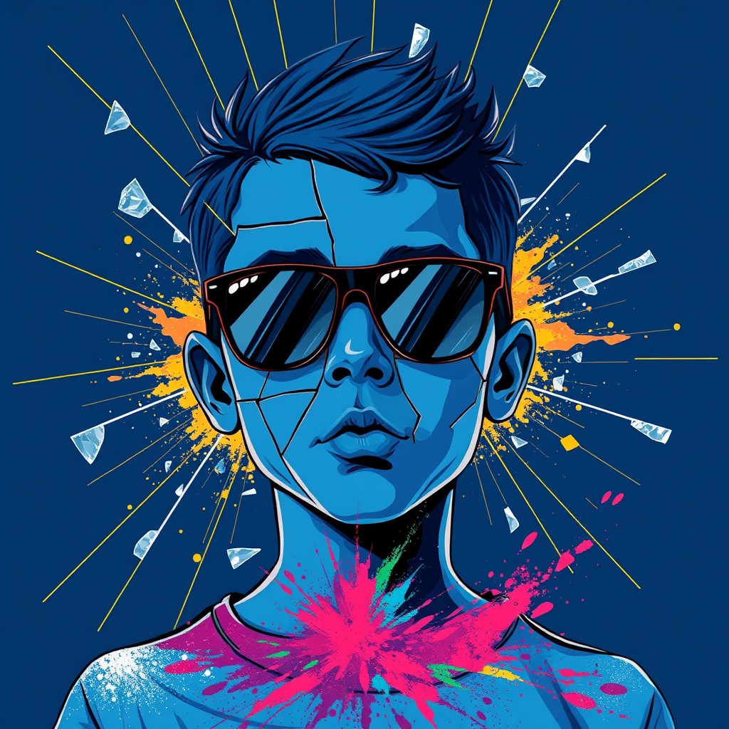 A boy with blue skin and an abstract broken face, wearing sunglasses, surrounded by glass breakage and gold lines on a dark blue background, with a colorful explosion of spilled powder. Illustration style, Andy Warhol style, Picasso style.