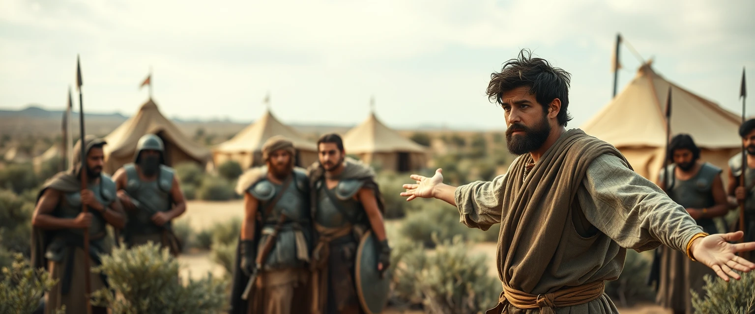 Create a scene of two men facing one another. The man on the right is a young Jewish man in his mid-20s, dressed as a simple shepherd, with his arms dramatically stretched out to the sides. He has dark, messy, unkempt hair and a beard, and looks shocked as he gazes off-camera towards the left. The man on the left is a slim Jewish man in his mid-30s, sporting a beard and wearing only simple biblical-era Israelite armor. A group of four ancient biblical-era Israelite soldiers crowds around the man on the left. In the background, Arabic army tents are pitched on a desert shrubland. The overall mood of the image conveys anxiety and concern.