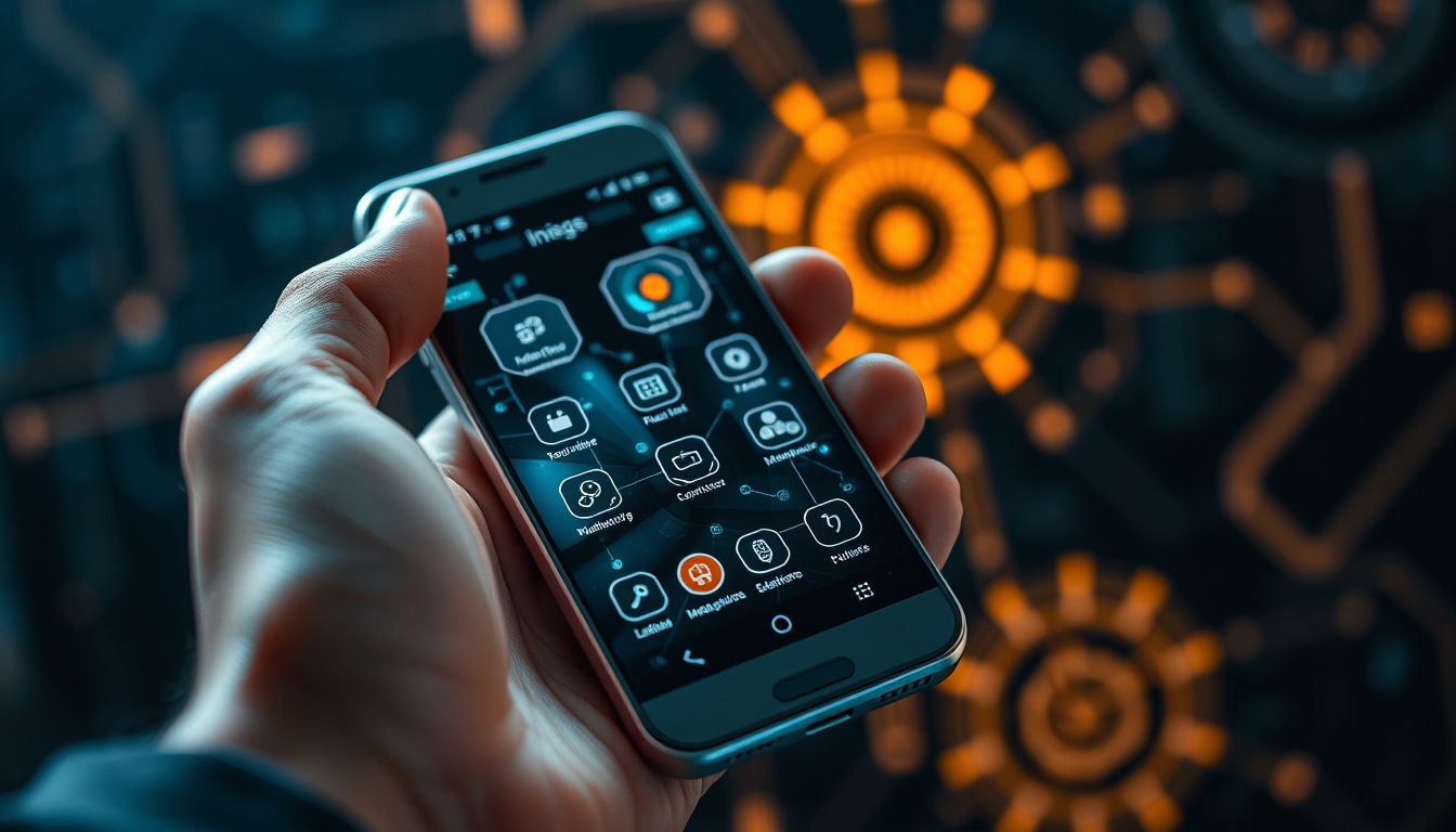 A close-up of a hand holding a futuristic smartphone, with holographic interfaces and glowing icons, set against a dark, tech-inspired background.