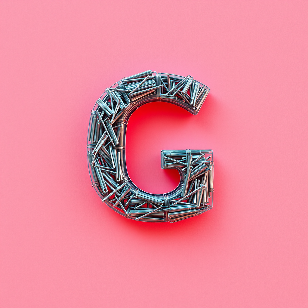 A letter "G" made of staples, light red background, realistic photograph. - Image