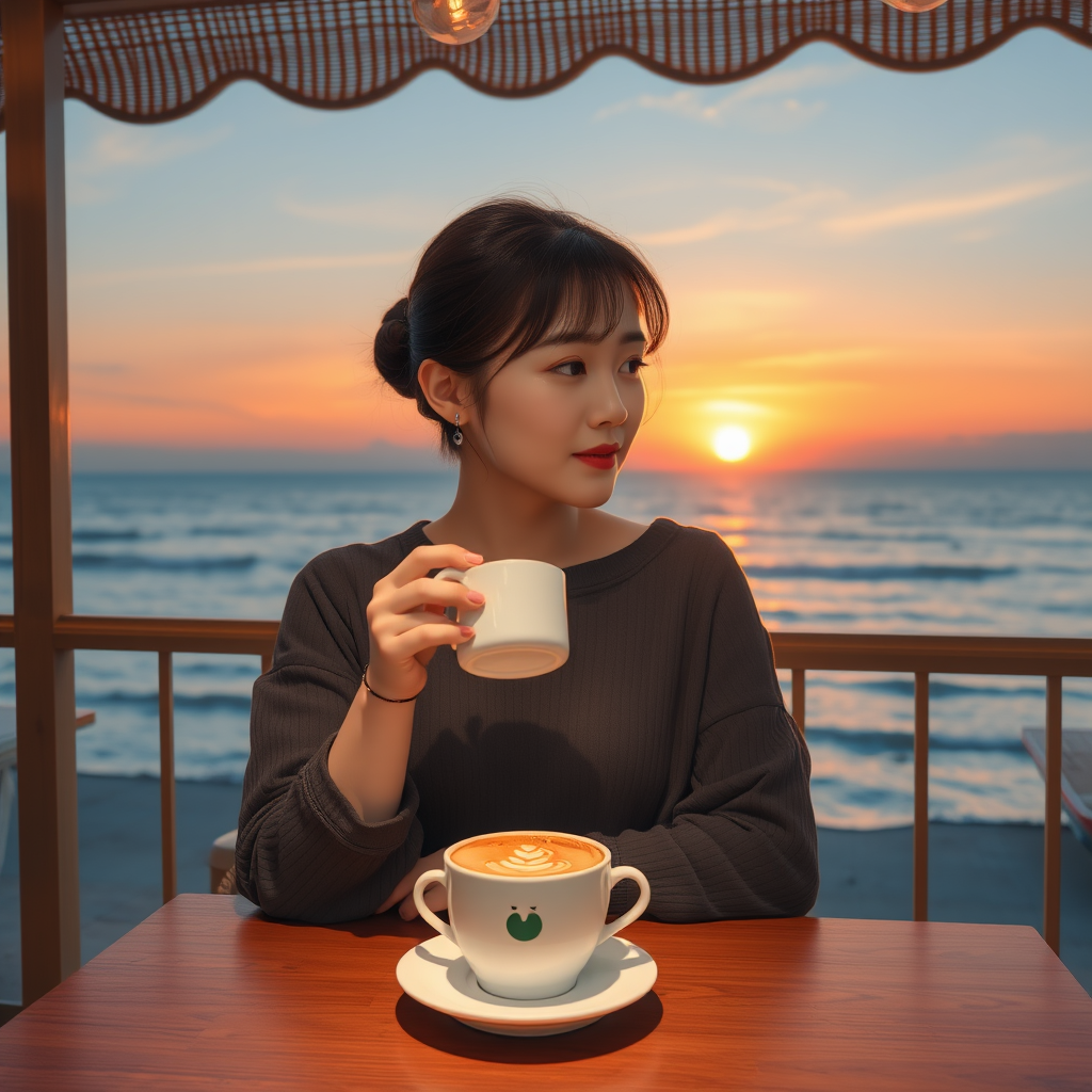 ☕ **Sunset Coffee**: "Korean young woman at seaside café, aromatic coffee, watching sunset, sea and sky merging, tranquility, photorealistic style"