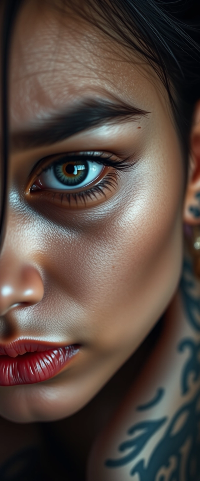 Close-up tilt-up shot of a fair-skinned beautiful Indian Korean woman with beautiful facial features and gray hypnotic eyes, having her whole body heavily tattooed and a crying face. - Image