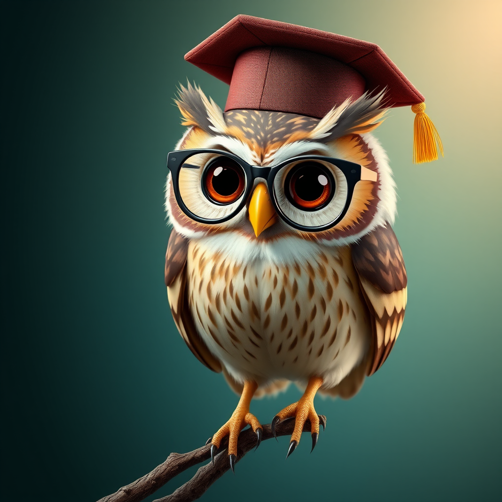 'an owl as an avatar that talks and moves like a Disney character, wearing a teacher's hat, in photorealism, and with glasses' - Image