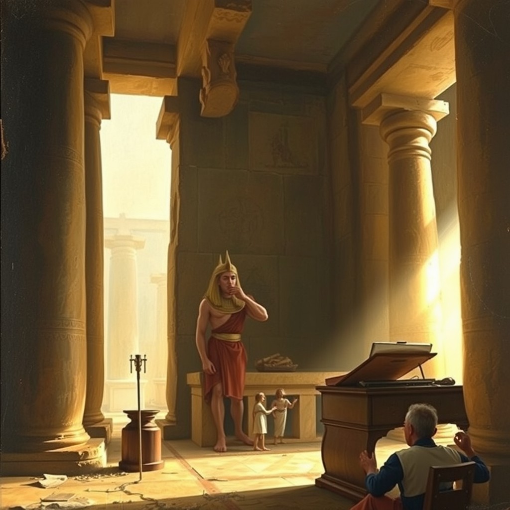 An old oil painting of an Egyptian temple. Inside. Sunlight from the right. Composition from the side, an old hermit works on a sound console. Behind him, is Isis, the Egyptian goddess.