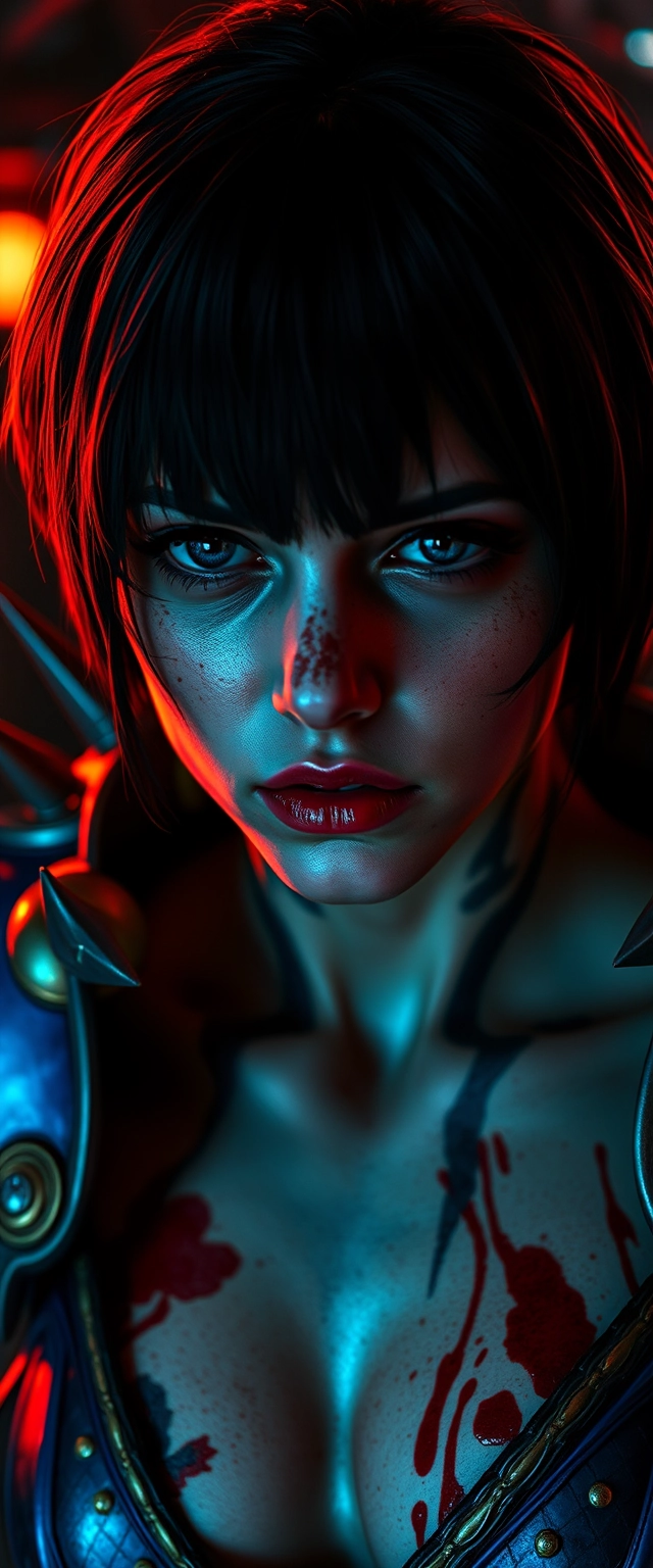 Close-up chest shot of a woman having facial, chest, and neck tattoos, with a sad expression, short hair, and lip gloss. She appears to be in a dark and eerie setting with red and blue lights in the background. The character has dark hair and is wearing blue and gold armor with spikes on her shoulders. Her face is covered in blood and grime, and her eyes are dark and piercing. She has a serious expression and her mouth is slightly open, as if she is about to speak. The overall mood of the image is dark and foreboding. - Image