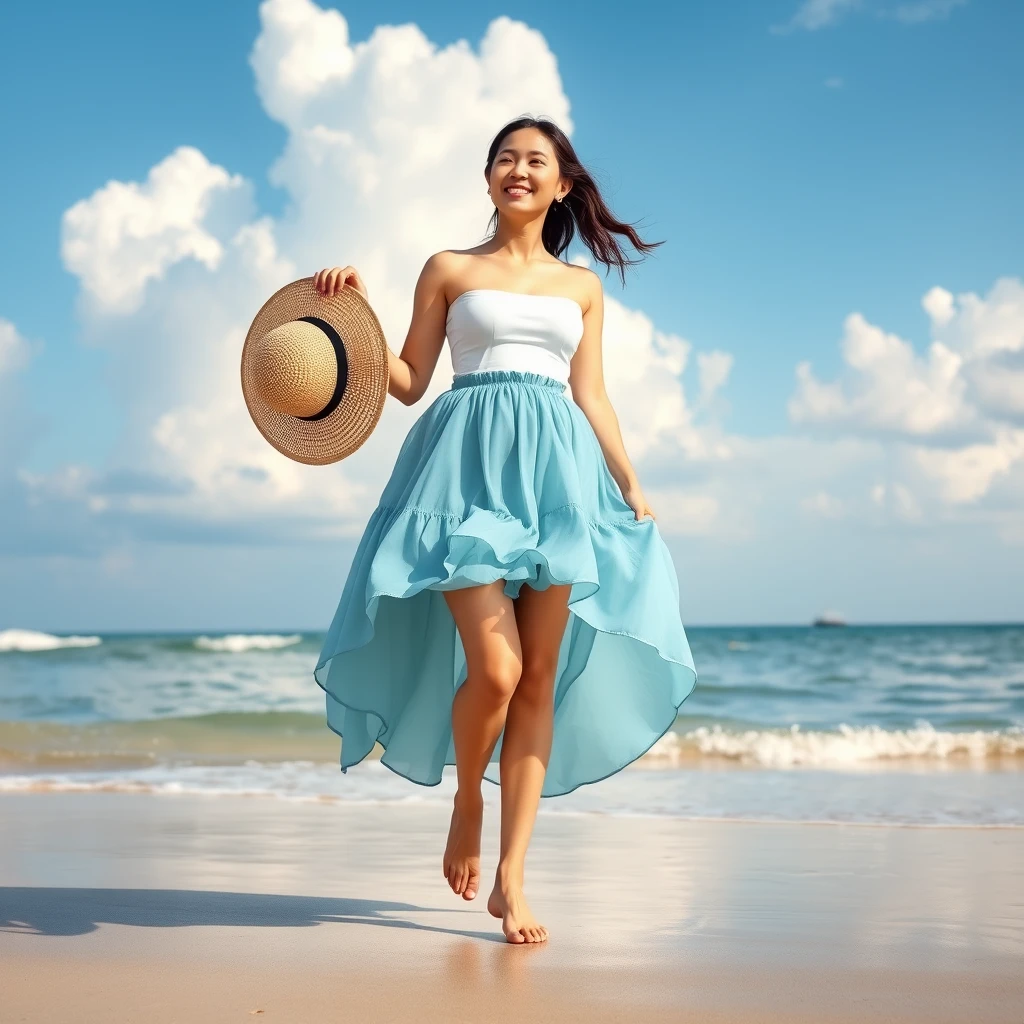 30-year-old Chinese woman, wearing a sea blue bubble skirt, huge bust, huge ass. She walked barefoot on the beach, her skirt fluttering gently, holding a straw hat in her hand, looking peaceful and happy. The background is blue sky and white clouds and the sparkling sea, the environment is beautiful and pleasant.