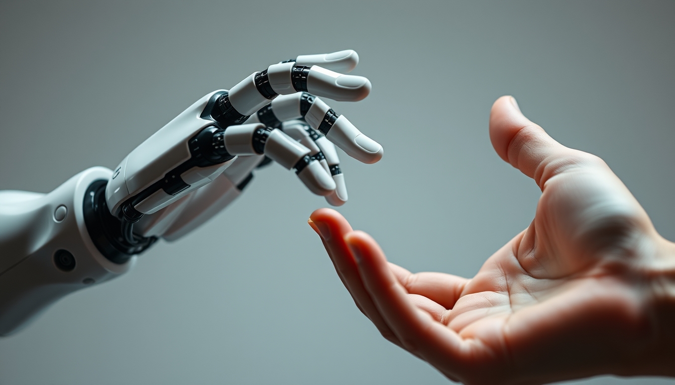 Close-up of a robotic hand and a human hand reaching out to each other, symbolizing collaboration.