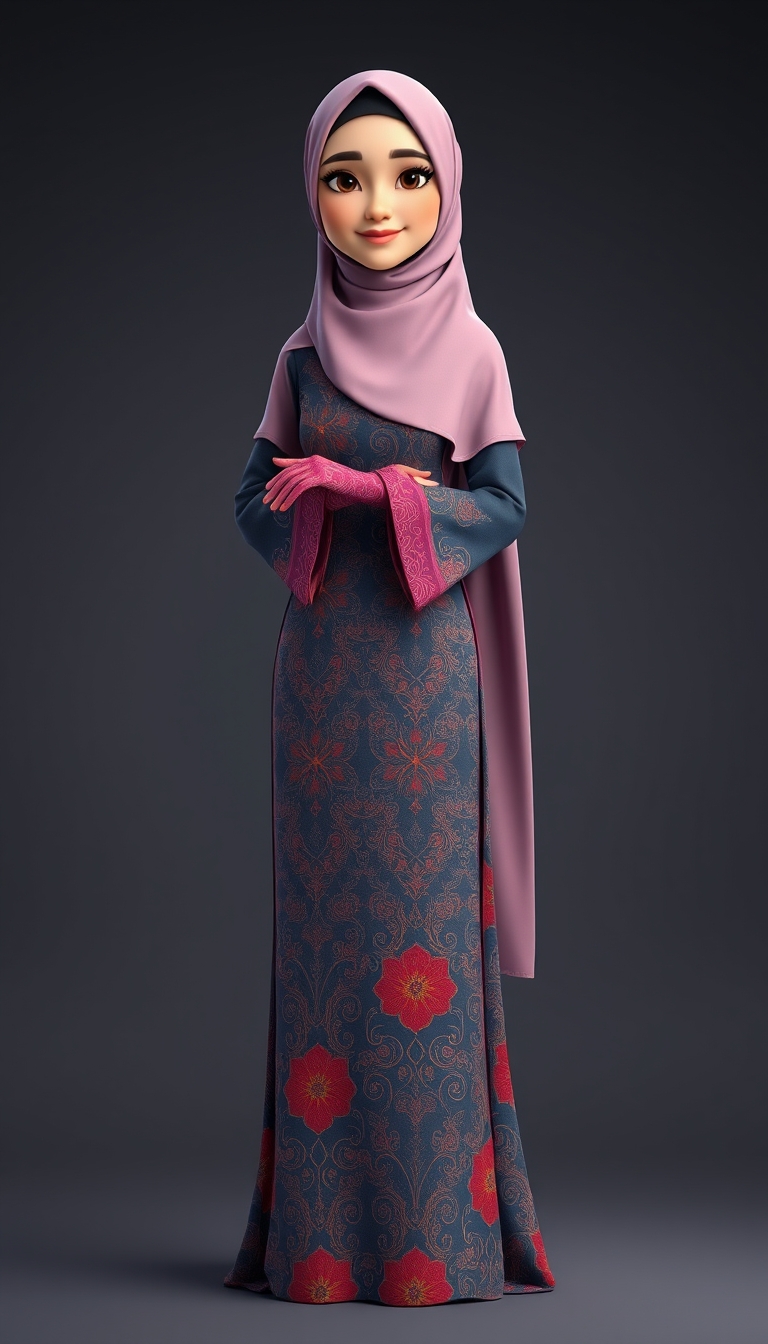 Create a 3D, 8K animated cartoon of a Muslim woman from Palembang wearing a long traditional songket dress. She should have her hands covered with batik gloves. The image should capture the elegance and cultural richness of the attire. - Image