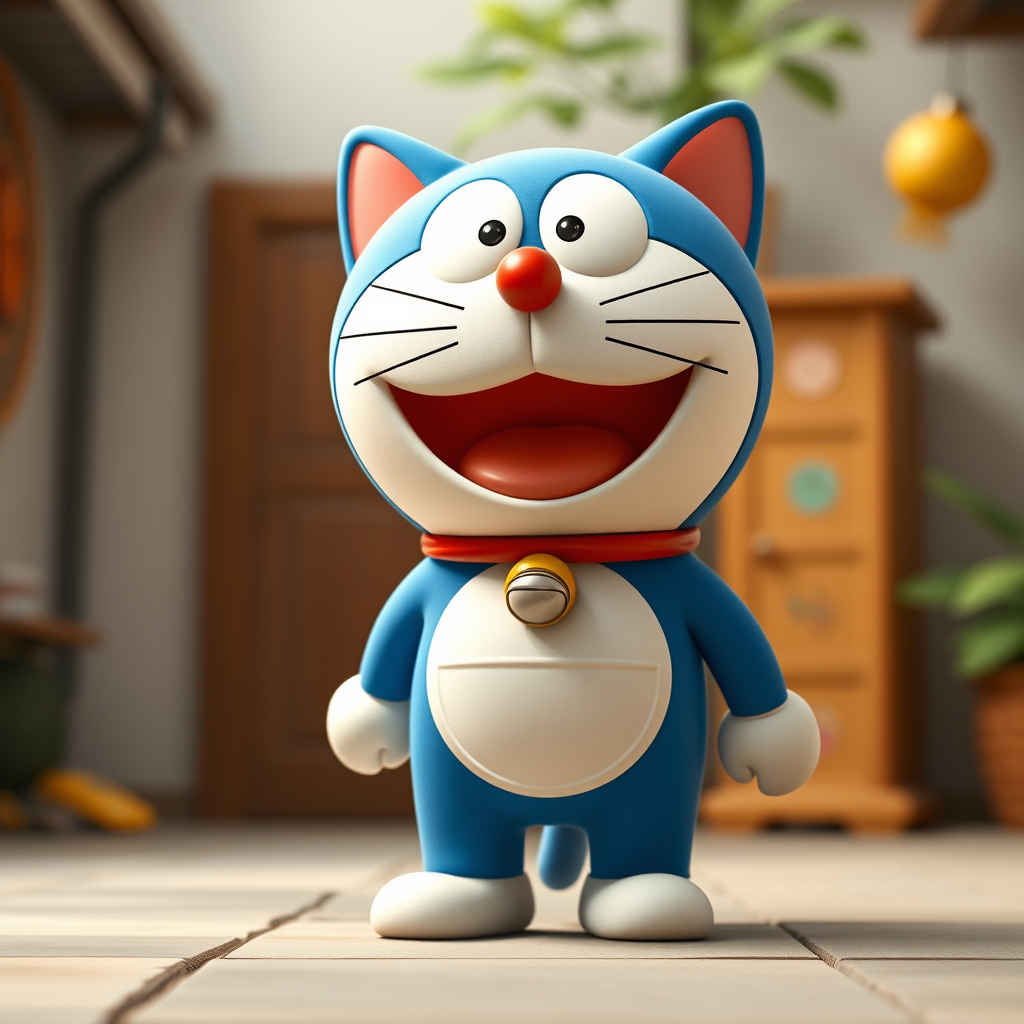 Pixar style, mouth open smiling Doraemon the cat , standing , Hyper-realistic camera style, lifelike details, high-resolution texture, vivid colors, sharp focus, natural lighting, photorealistic quality, cinematic depth of field, true-to-life portrayal, full body, doraemon2 style