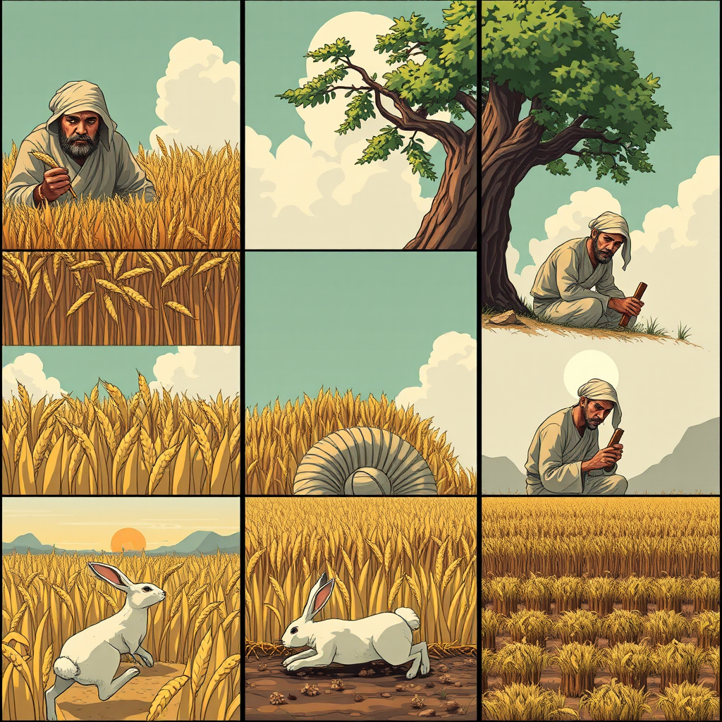 The image style is "cyberpunk," featuring an ancient farmer in a nine cell. 
The characters in each scene will all use the same farmer, ensuring that the face shape and clothing remain consistent throughout. 
Cell one is The farmer is harvesting wheat. 
Cell two is The farmer is sitting under a tree, and a rabbit is rushing. 
Cell three is The rabbit is lying on its back with its face up. 
Cell four is The farmer is running and the rabbit is in his hand. 
Cell five is The farmer sighs while sitting under the tree. 
Cell six is The farmer is eating. 
Cell seven is The crops have withered. 
Cell eight is The farmer is planting seeds in the field. 
Cell nine is everything is gone. - Image