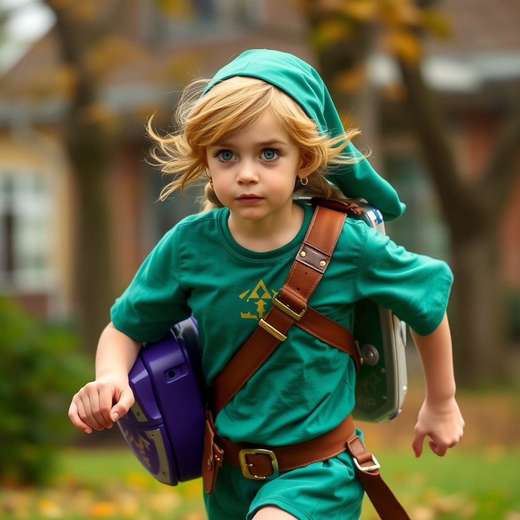 A girl dressed like Link is running fast to school.