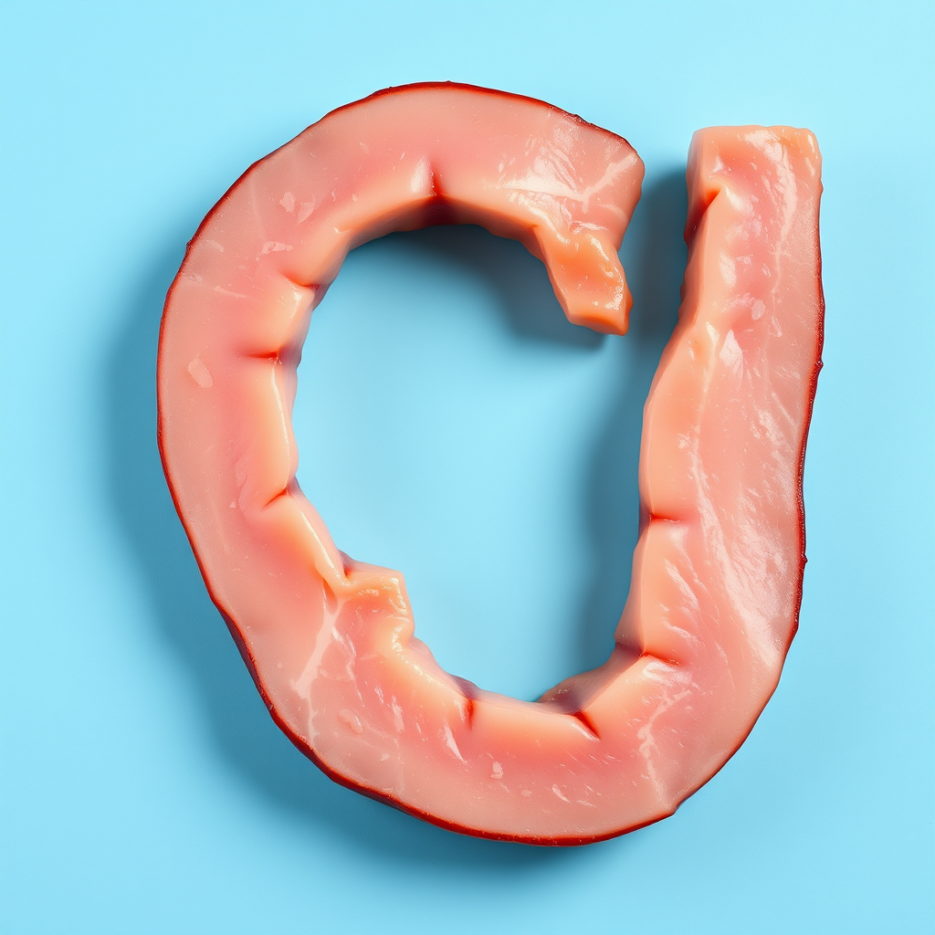 A letter "J" made of iberic ham, blue background, realistic photograph - Image