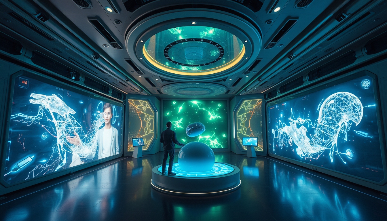 A futuristic room filled with interactive digital art, with holographic displays and immersive light installations. - Image