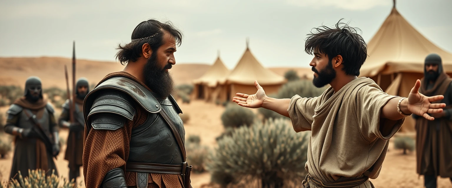 Create a scene of two men standing apart, arguing and staring at one another. The man on the right is a young Jewish man dressed as a simple shepherd, with his arms stretched out to the sides. He has dark, messy, unkempt hair and a beard and looks shocked. The man on the left is a middle-aged Jew with a Jewish black beard, wearing only a full suit of biblical-era leather lamellar armor. A group of four soldiers is gathered next to the man on the left. In the background, there are Arabic army tents pitched on desert shrub land. The overall mood of the image is one of anxiety and concern.