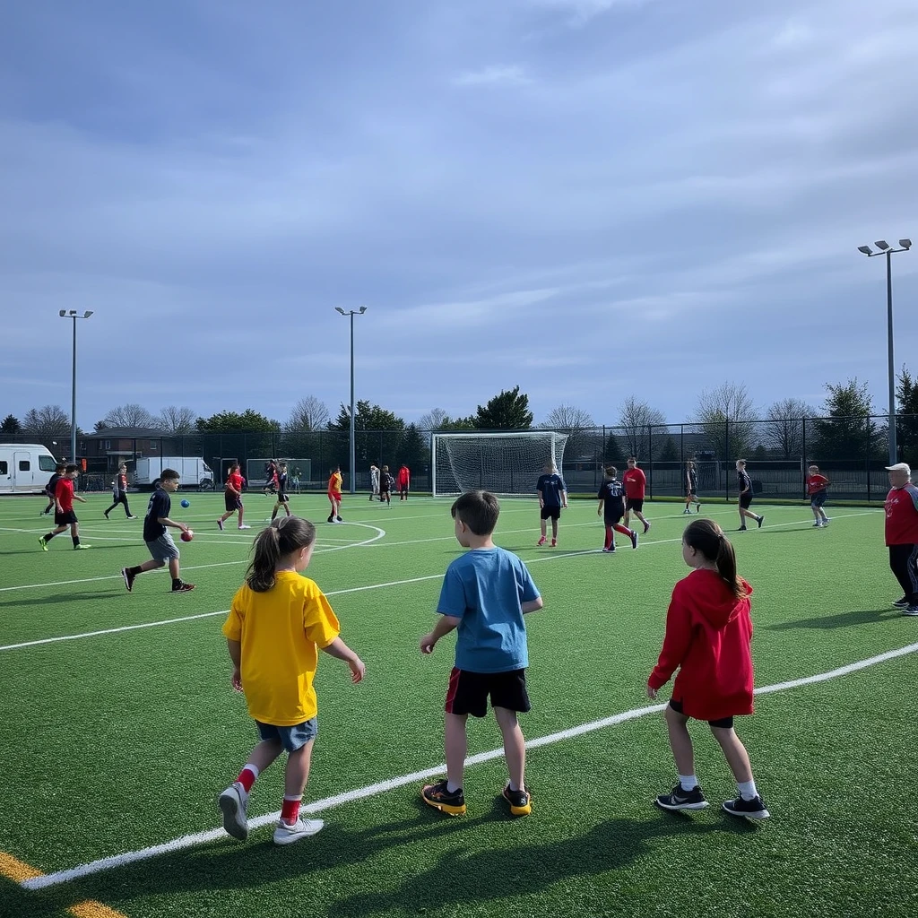 In the school sports field, many middle school students are playing. - Image