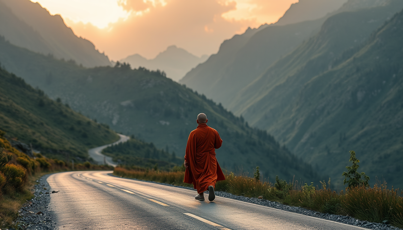 The monk lands on the road in a nice mountain.