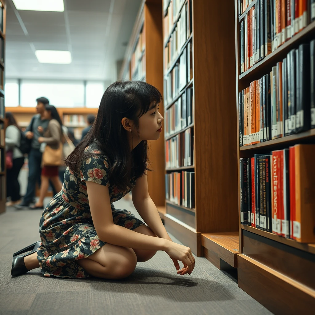 In the library, there is a young Japanese woman wearing a floral dress and black high heels (with white skin) who is crawling on the floor, reaching her head into the bookshelf to look for books. There are many people in the library. - Image