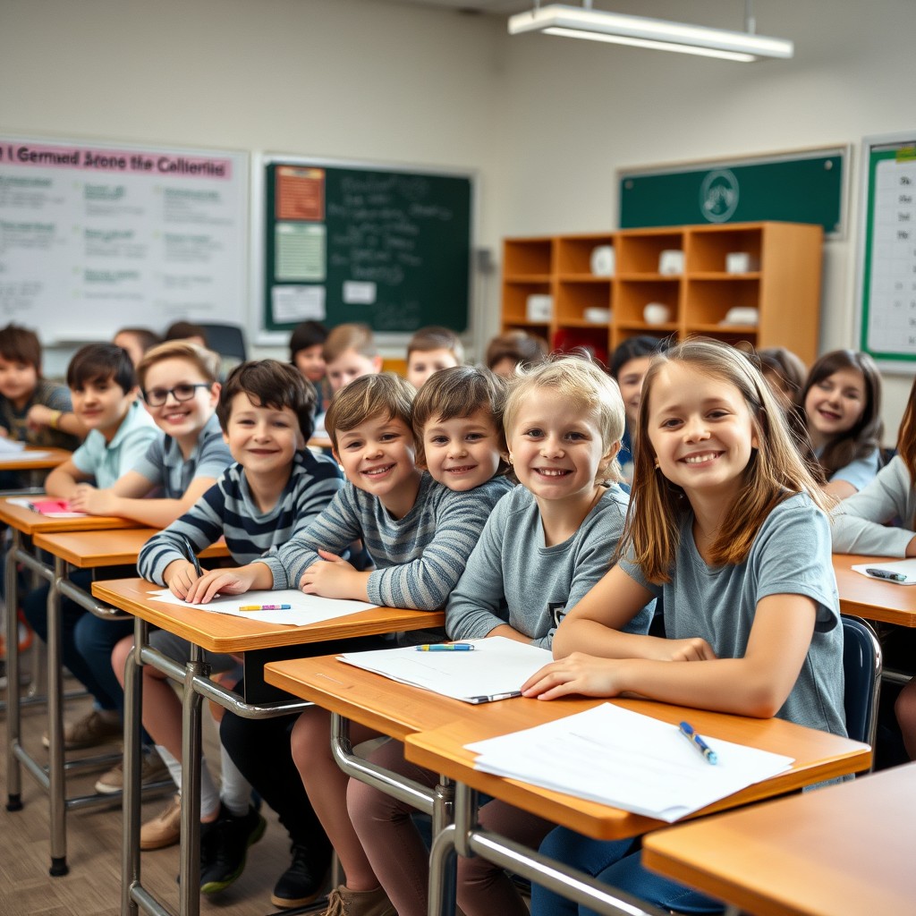 'Take a photo: 10-year-old children from a 5th grade are sitting in a German classroom on their first day back after the summer vacation and are eager to see what awaits them.'