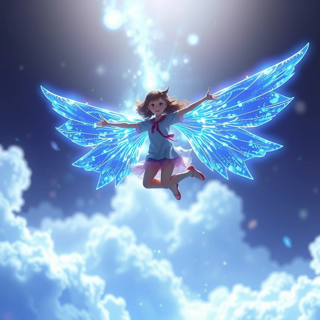 The girl leaped lightly into the air, with a pair of wings made of energy spread out behind her, sparkling with blue light. She soared freely in this magical world, exploring unknown territories. Picas style, 3D rendering, ultra-high definition picture quality, 36k.