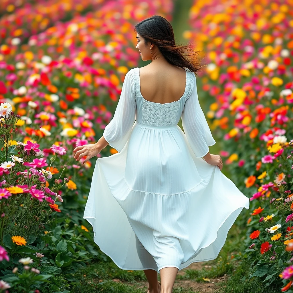 A 30-year-old long-legged middle-aged Chinese woman, wearing a loose white dress with a large bust and a large buttocks. She walked through a sea of colorful flowers, her fingers brushing against the blossoms, the breeze lifting her skirt. In the background, vibrant flowers abound, showcasing natural beauty. - Image