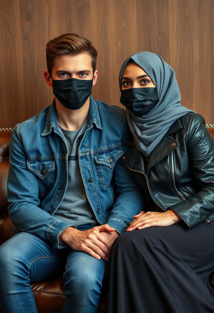 Jamie Dornan's head and body shot, handsome, black face mask, denim jacket, jeans, dating, love couple, with the biggest grey hijab Muslim girl, beautiful eyes, black face mask, black leather jacket, largest skirt, hyper realistic, studio photography, sitting on a classic leather sofa, wooden wall. - Image