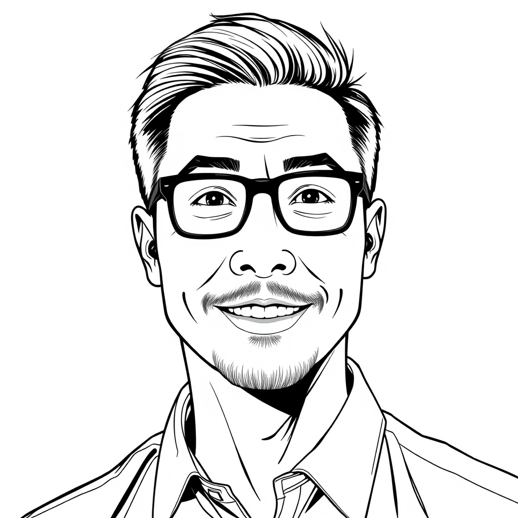 A cool black and white line drawing of a man around 35 years old, with short hair, an Asian descent, wearing black-framed glasses for nearsightedness, a slightly short beard on his chin, dressed in a shirt, a round face with defined lines, a strong build, clean and fresh skin, and a broad smile. - Image