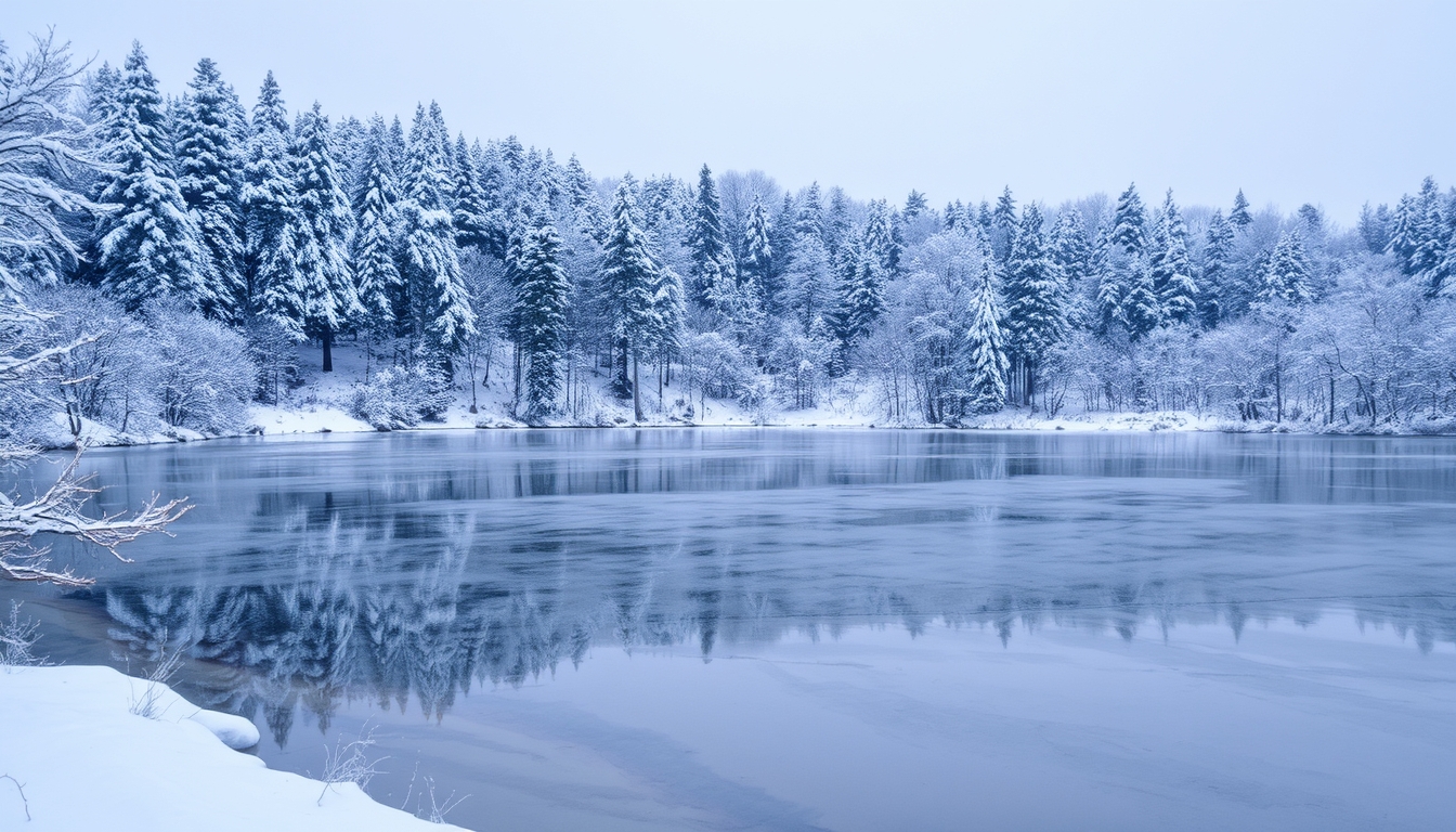 A picturesque winter scene with a glassy frozen lake surrounded by snow-covered trees.