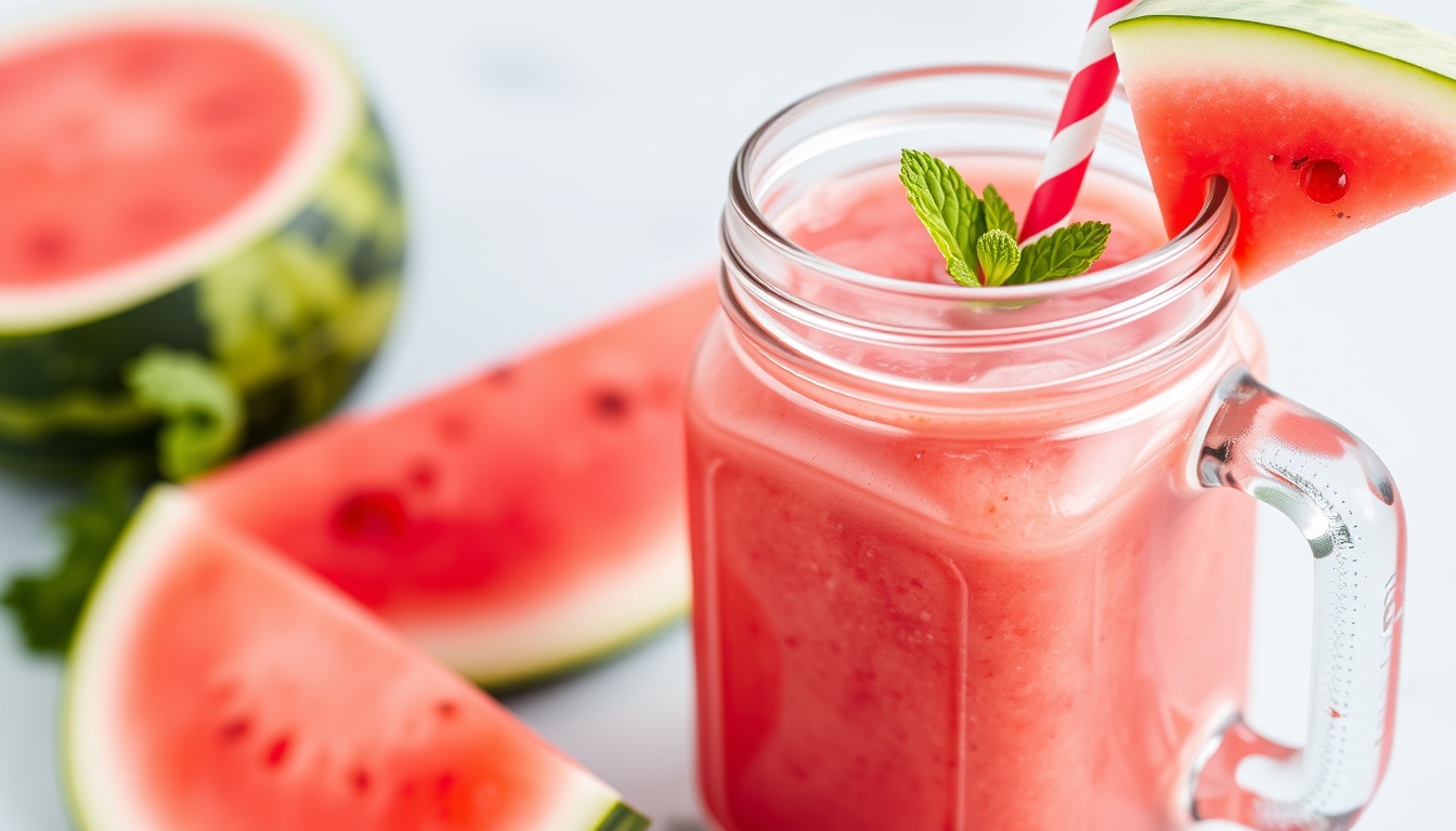 Watermelon smoothie in a mason jar with a straw, refreshing beverage, healthy lifestyle. - Image