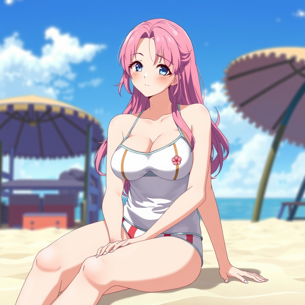 Anime art of a motherly woman, pink hair, school swimsuit, detailed scene, sitting at beach, stunning details, trending on ArtStation, anime artwork, anime cel shading, detailed soft shadows.