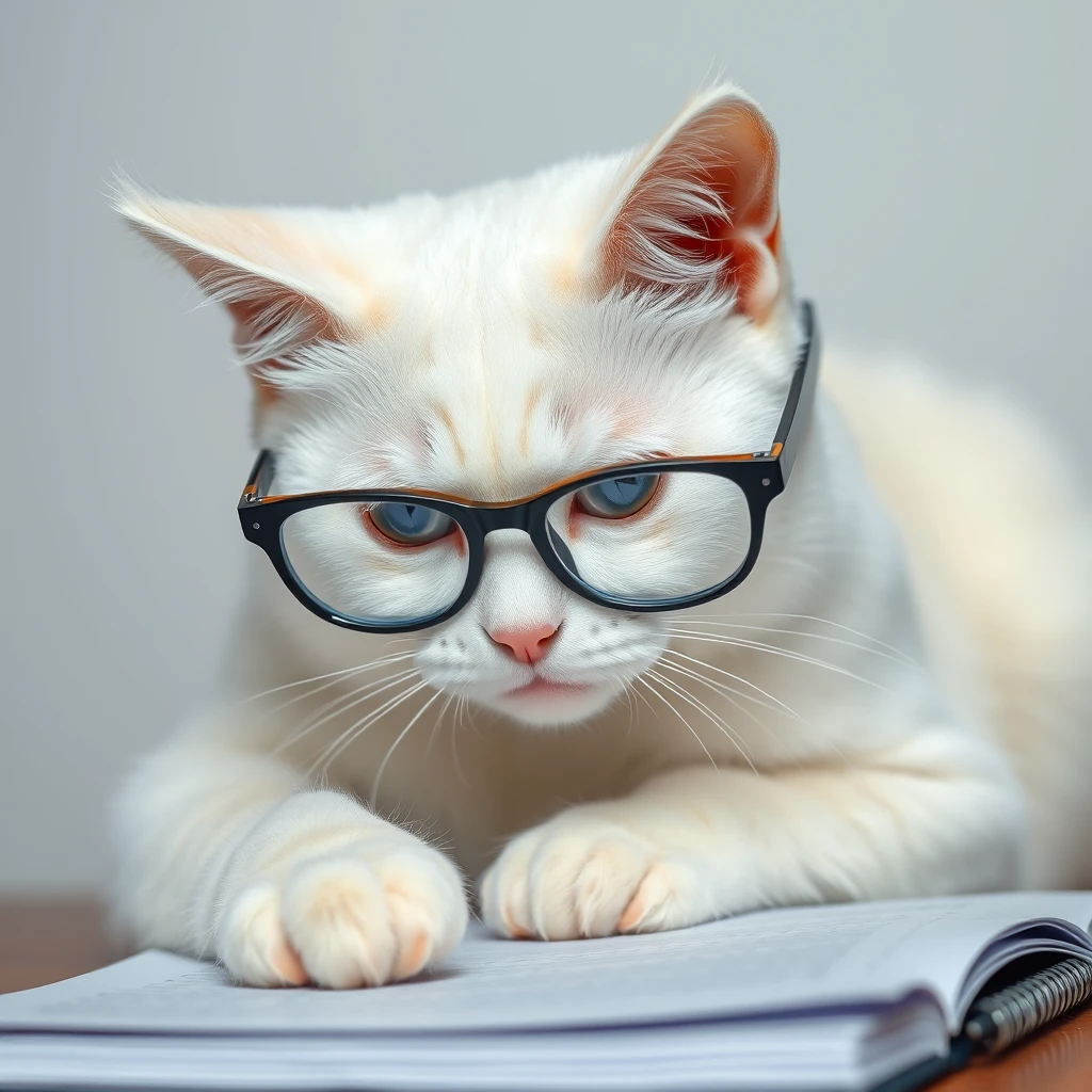 A white cat, wearing glasses, is working on a notebook.