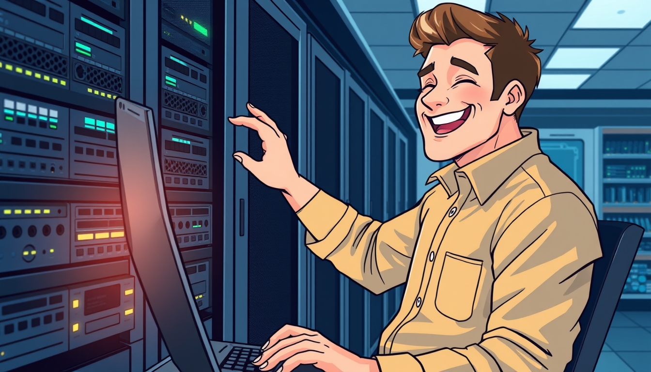 Joyful IT Professional: A High-Resolution Illustration of a Man Smiling Happily While Working in a Server Room, Engaged in System Updates, Firmware Installations, and Software Development. - Image