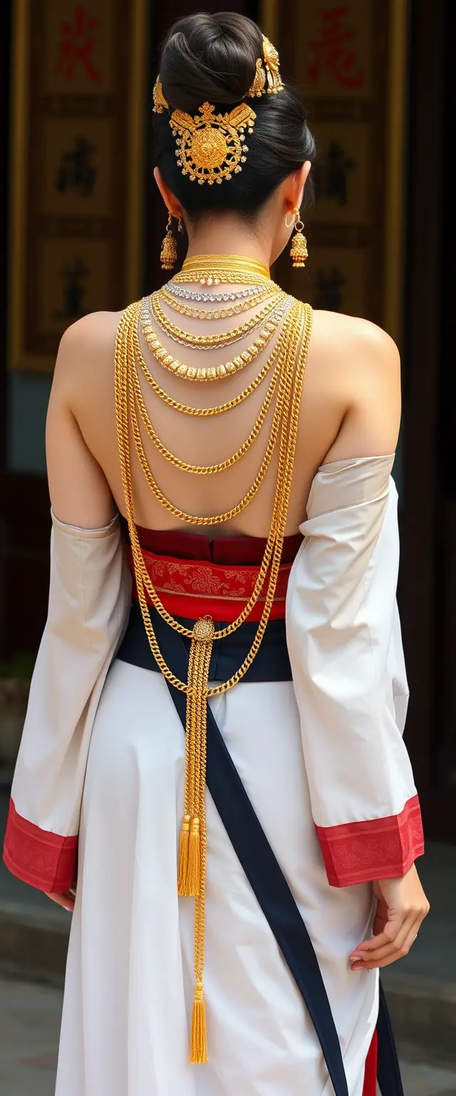 Back of godly big tall strictly white-skinned Korean Indian traditional women wearing gold chains on their waist and neck.