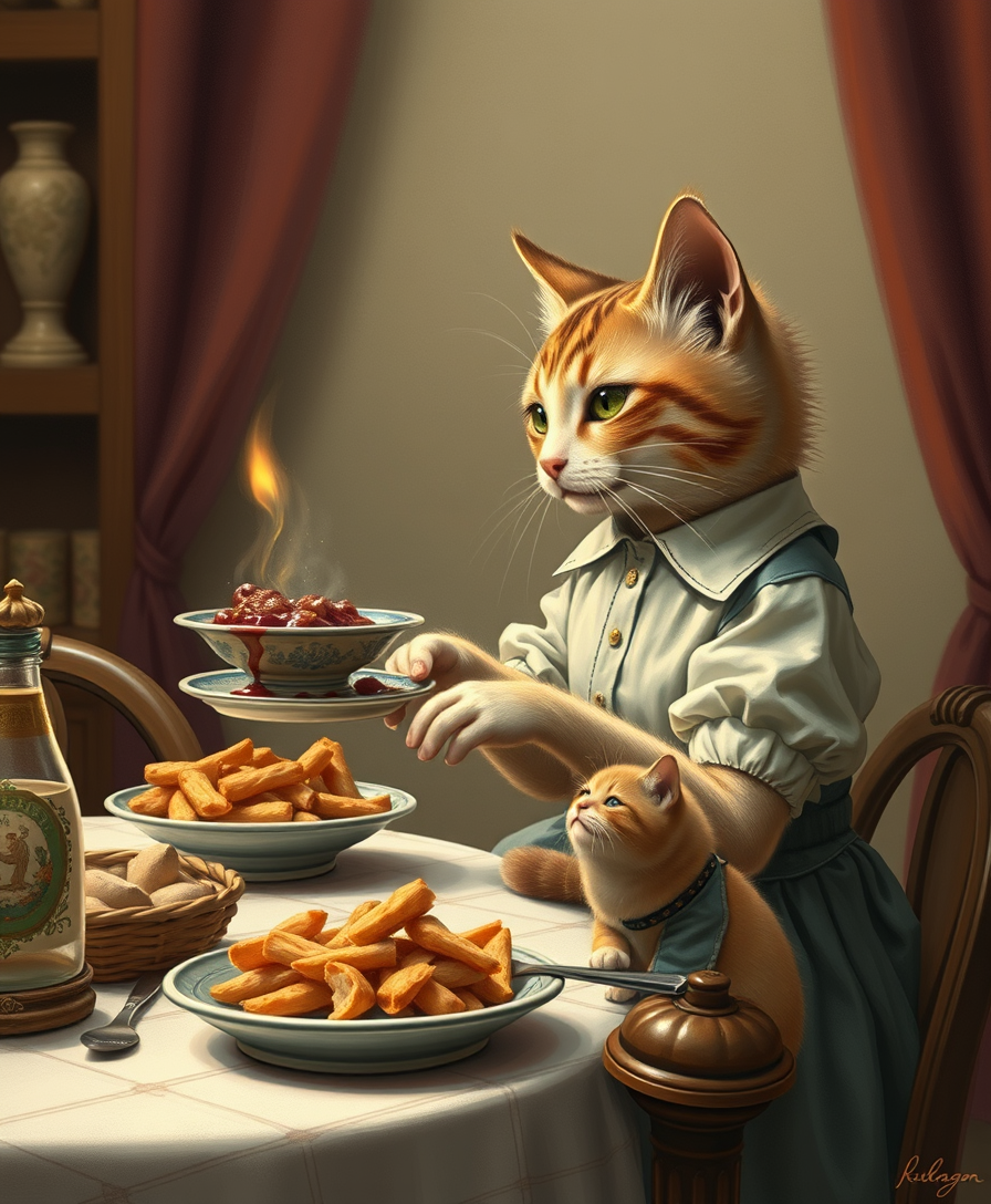 An anthropomorphic cat dressed in a dress serves an appetizing dish. An anthropomorphic cat, dressed in a shirt, sits at a table and looks lovingly at the cat. A small anthropomorphic kitten in a dress is sitting at the table and waiting for dinner.