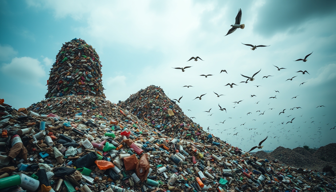 Choked landfill with towering piles of plastic waste and scavenging birds in a polluted sky. - Image