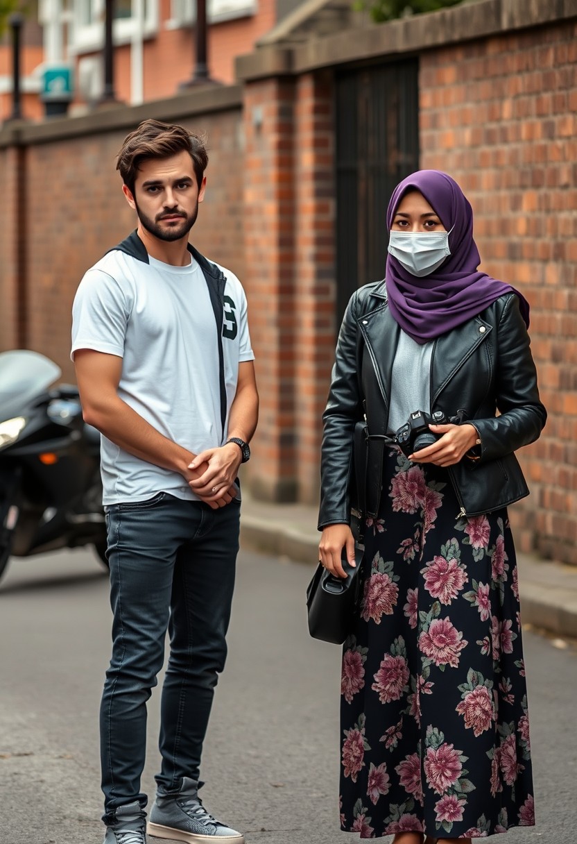 Jamie Dornan and Freddie Prinze head and body shot, handsome, young, serious face, dark brown hair, white t-shirt, college jacket, skinny jeans, sneakers, standing, talking with the biggest purple hijab Muslim girl, beautiful eyes, face mask, black leather jacket, biggest floral skirt, holding a DSLR Canon camera, near town road, superbike, hyper-realistic, street photography, brick wall, full body photo. - Image