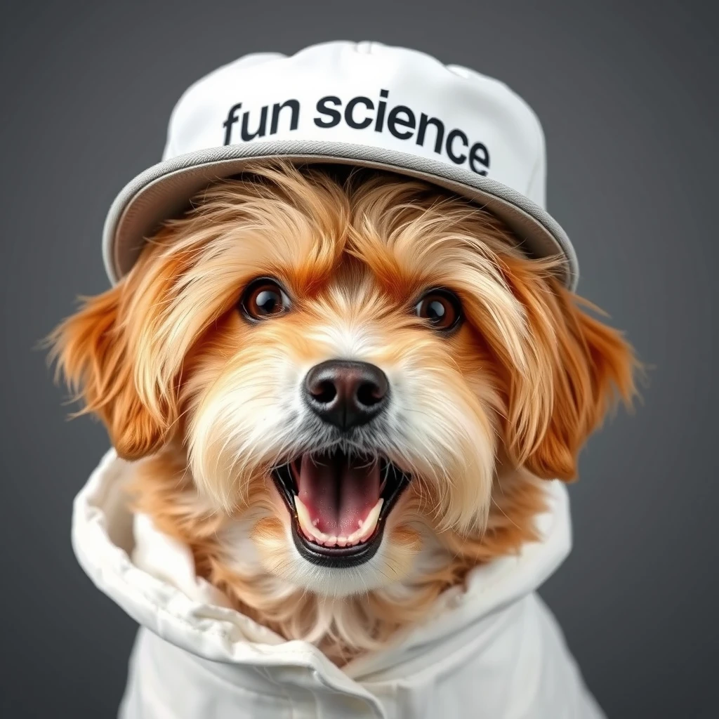 A dog wearing a hat that says "fun science" and a white coat, with very light and thin sparkling brown fur, a cute appearance, and its mouth open as if singing.