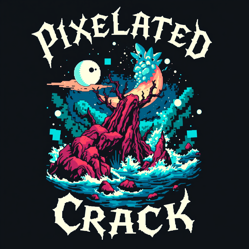 T-shirt design with a blocky colorful 8-bit style of death metal blended with chiptune. The visual should be unique and striking but macabre blended with beauty, and the band name is "Pixelated Crack" with a scene inspired by the deep sea.