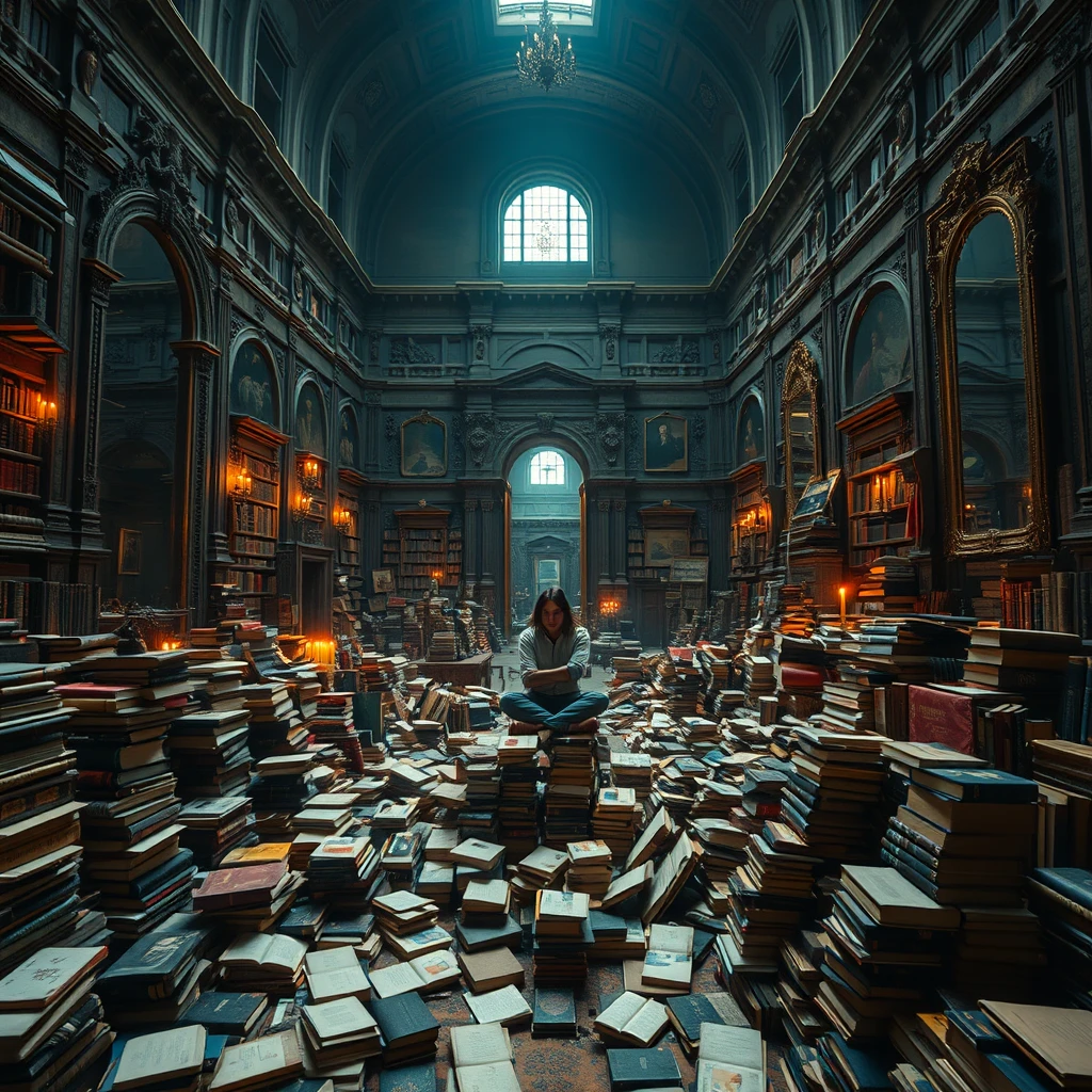 A real-life photograph, wide shot, of a person sitting on a pile of books in the corner of a large hall, where many books are scattered messily and there are some large mirrors. There are a lot of books, and it looks very chaotic. The lighting is dim, with some candles lit. The person is in one corner of the hall. - Image