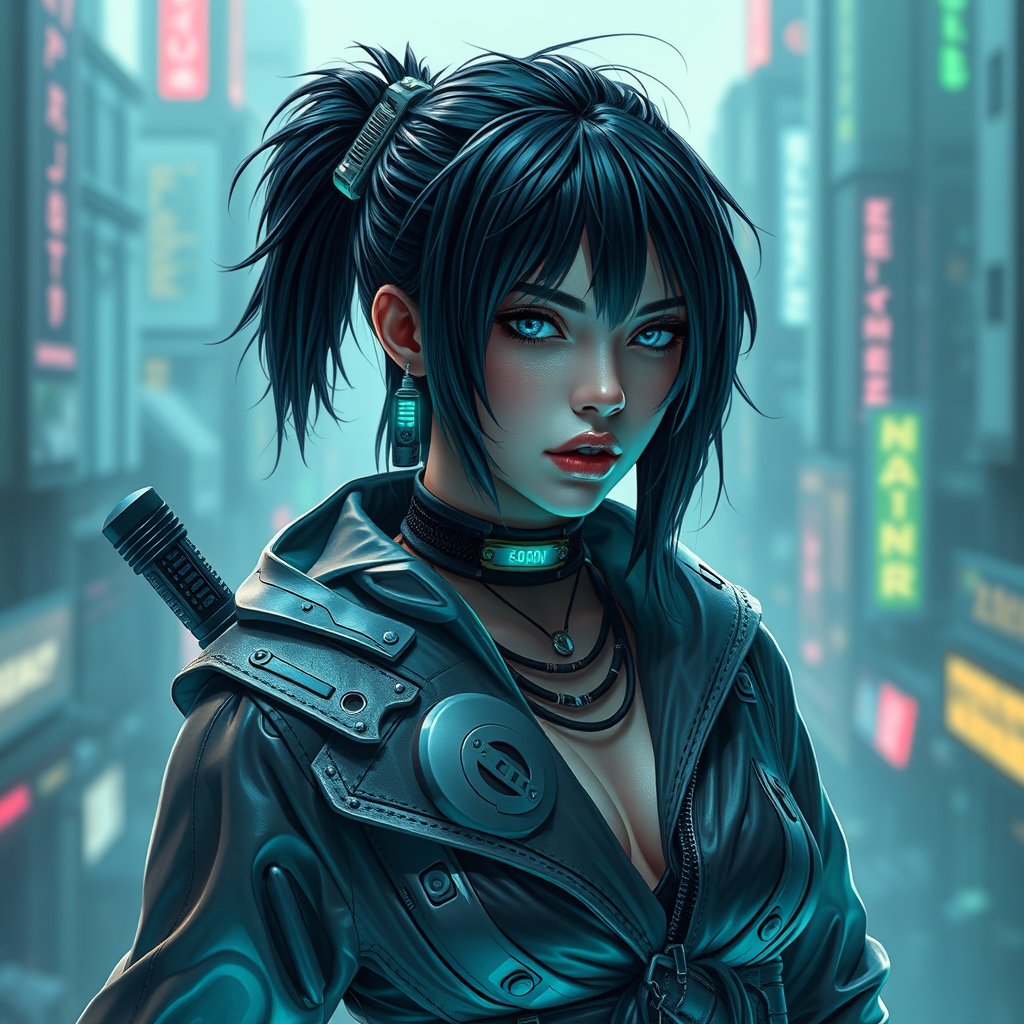 Cyber style of women warrior with rugged black hair and cybernetic implants | merging leather garments with futuristic cyberpunk elements | flowing robes and high-tech armor plating | dystopian cityscape background | in deep blue and neon green. hyper-real, 8k, AR, cute face style.