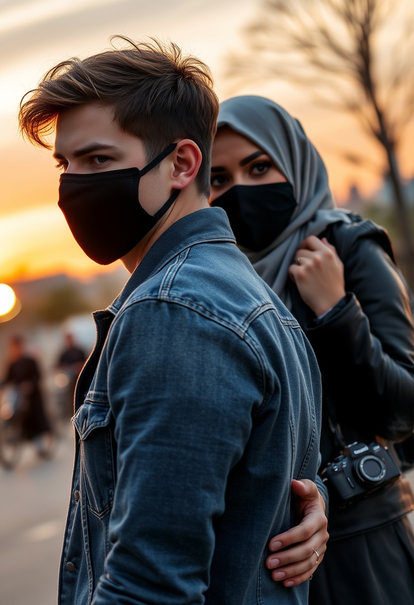 Jamie Dornan's head and body shot, handsome, black face mask, denim jacket, jeans, dating, love couple, with the biggest grey hijab Muslim girl, black face mask, beautiful eyes, black leather jacket, biggest skirt, taking picture, DSLR Canon camera, sunset, hyper realistic, street photography.