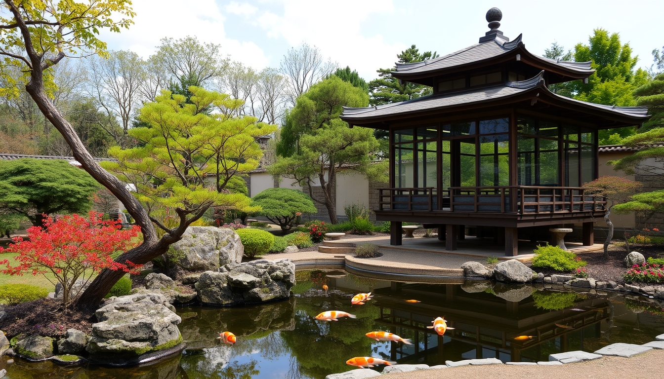 A serene Japanese garden with a glass teahouse overlooking a koi pond. - Image