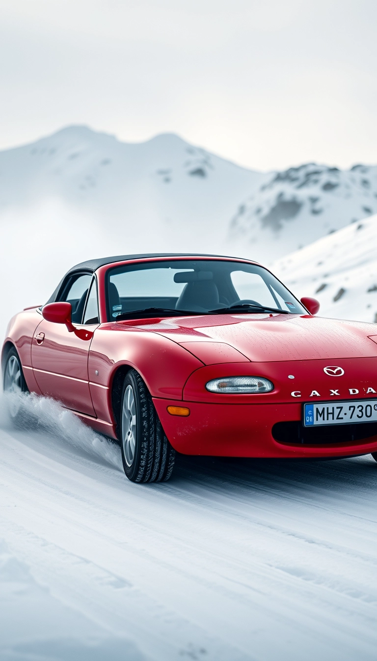 Create an image of a red 1991 Mazda MX-5 drifting on a snowy mountain.