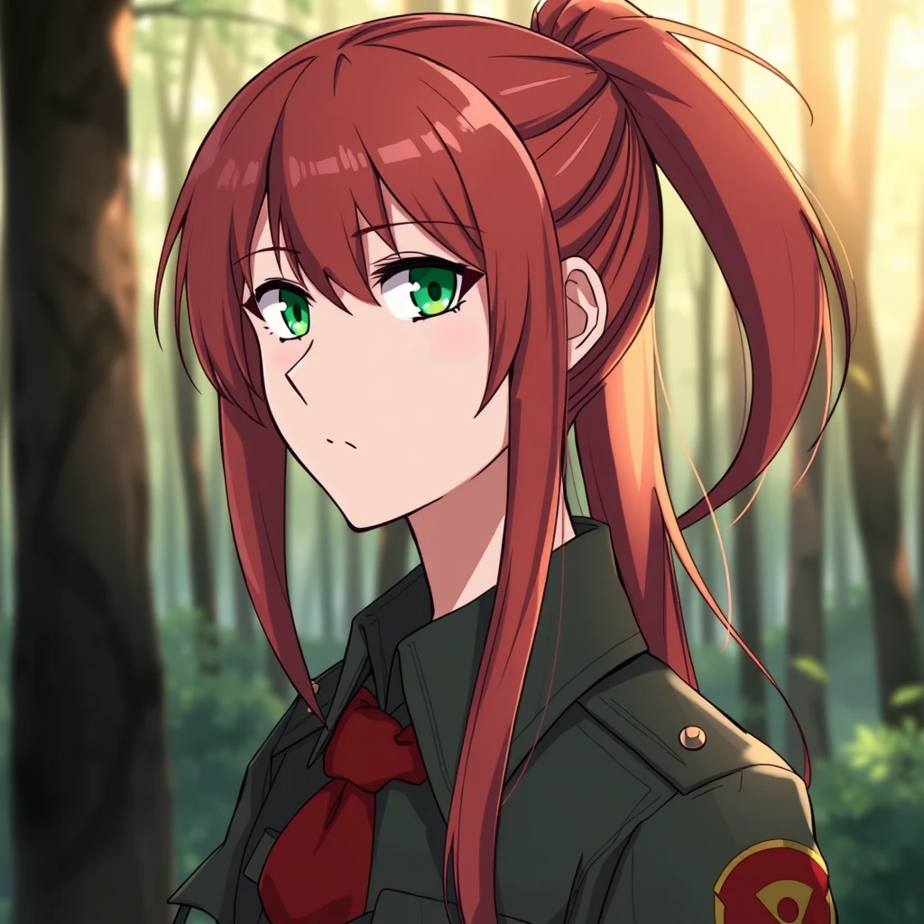 Red-haired girl in the forest, green eyes, long hair, ponytail, calm and serious, military uniform, in the style of Conrad Roset, Honkai Star Rail, Yoneyama Mai.