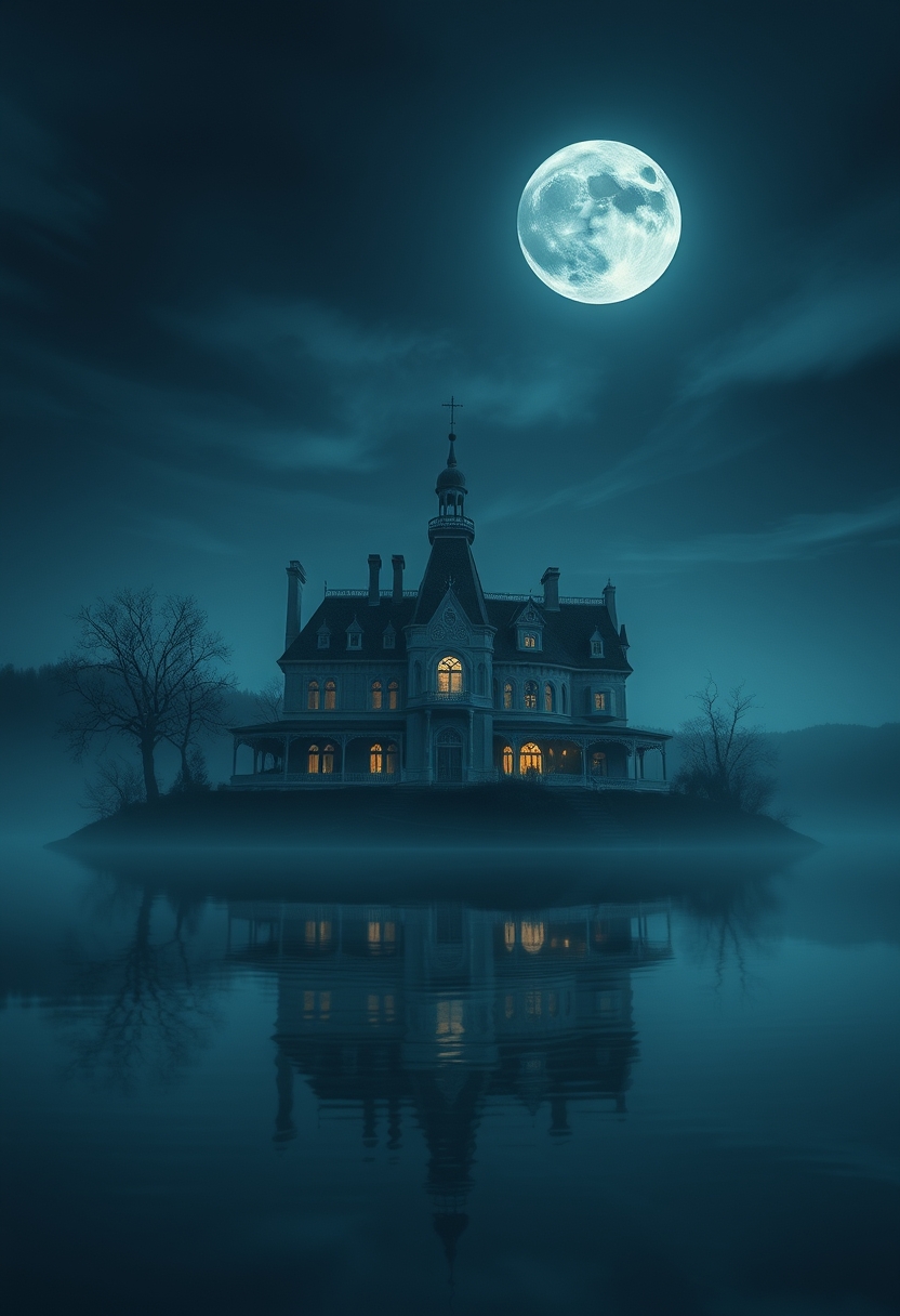 An ethereal mansion on the surface of a lake, under a foreboding full moon. - Image