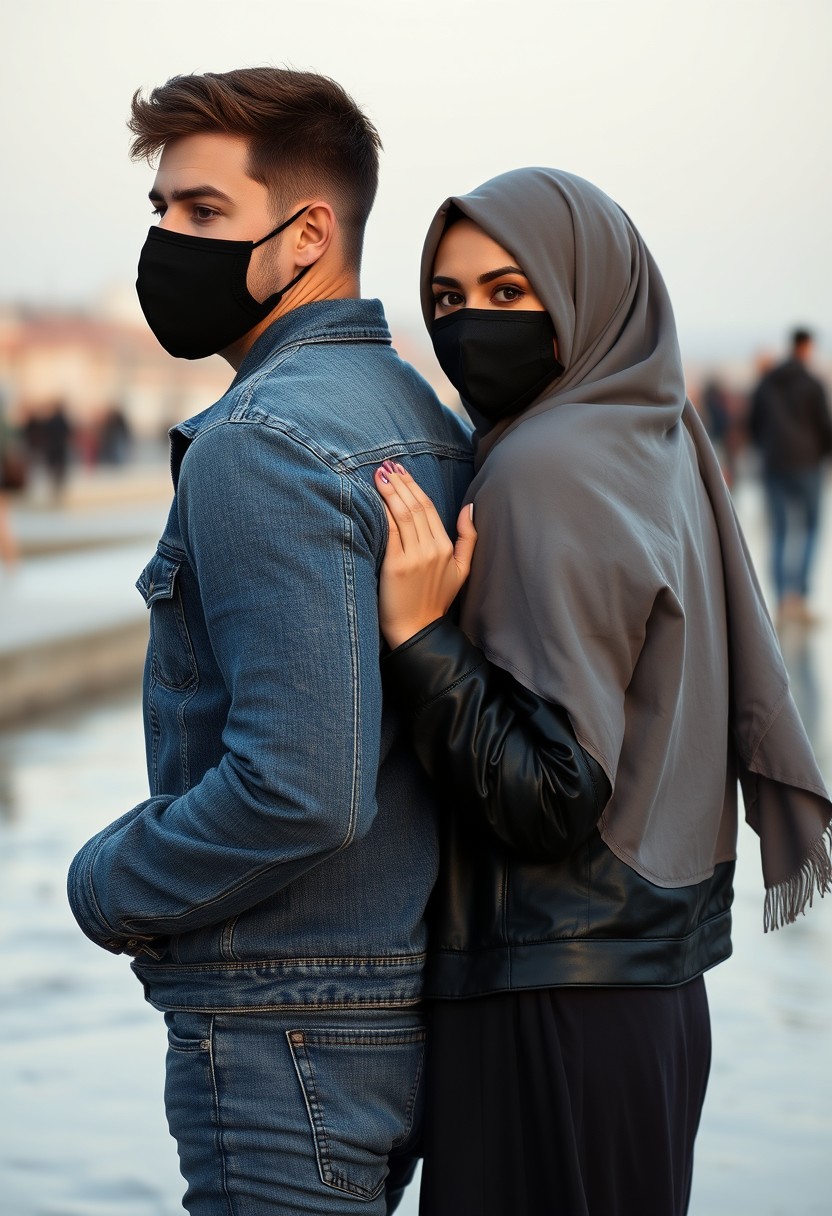 Jamie Dornan's head and body shot, handsome, black face mask, denim jacket, jeans, dating, love couple, back hug, with the biggest grey hijab Muslim girl, black face mask, beautiful eyes, black leather jacket, largest skirt, at the beach, hyper-realistic, street photography, selfie. - Image