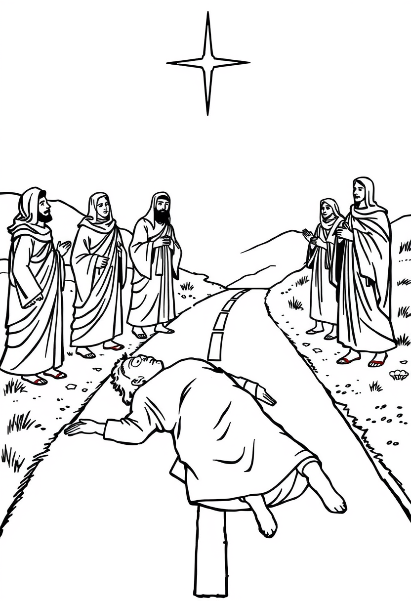 Coloring book page. Simple black and white sketch of Paul's conversion on the road to Damascus: A figure (Paul) fallen on a road. Include a bright light source from above. Add other figures (companions) standing nearby, looking confused. White background, black and white drawing, sharp black lines. - Image